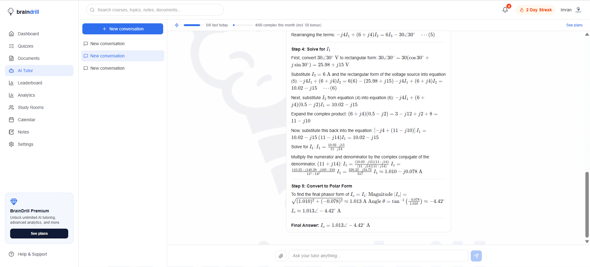 BrainDrill solving an engineering problem step by step, with every step explained