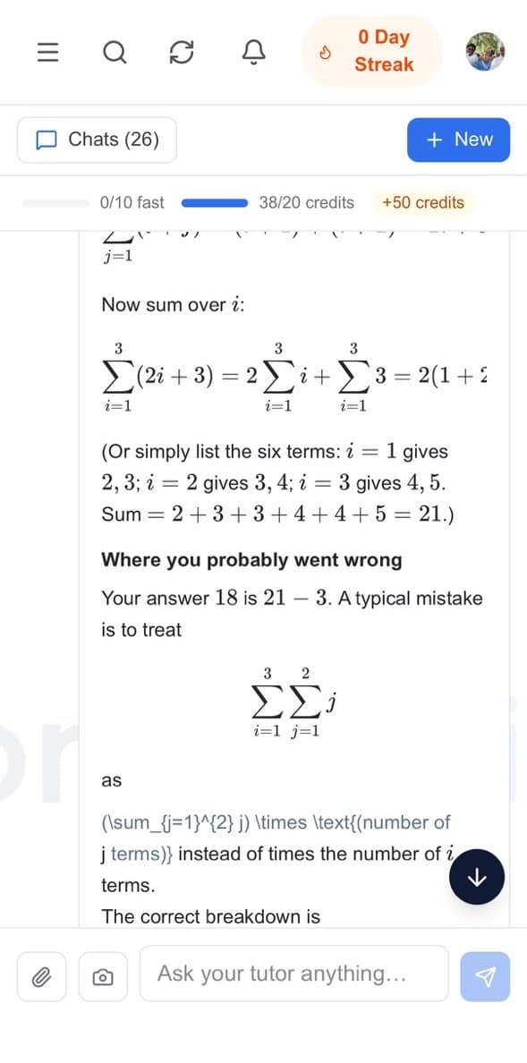BrainDrill's AI tutor solving a summation step by step on a phone